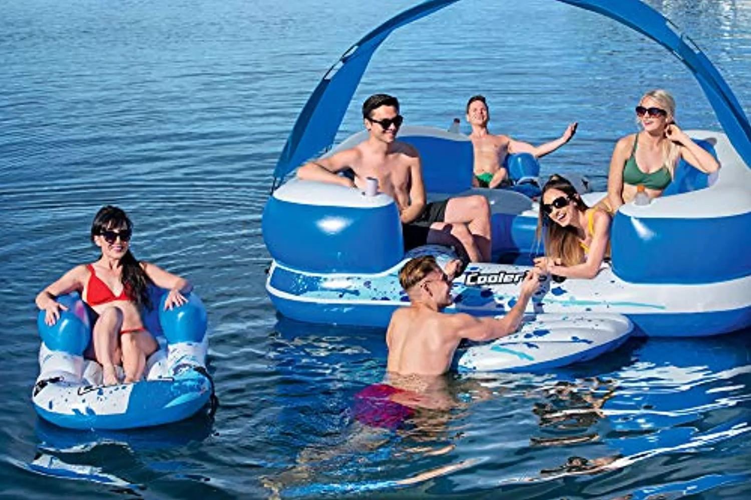 Inflatable 8-Person Floating Island with UV Sun Shade and Connecting Lounge Rafts