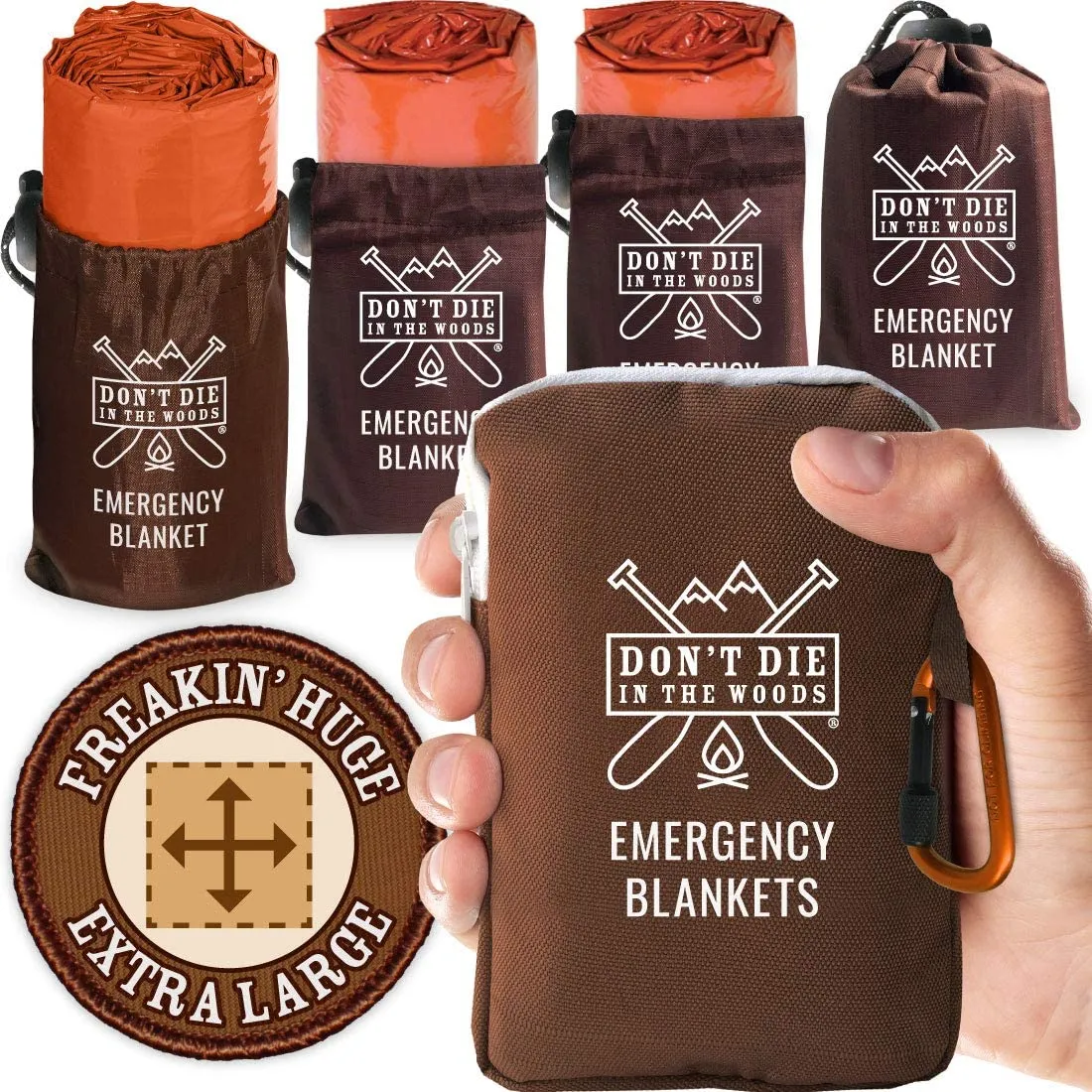 ITEM# 0104   Freakin’ Huge Emergency Blankets [4-Pack] Extra-Large Thermal Mylar Space Blankets with Ripstop Nylon Stuff Sacks   Carabiner Zipper Pack (Watch Video)