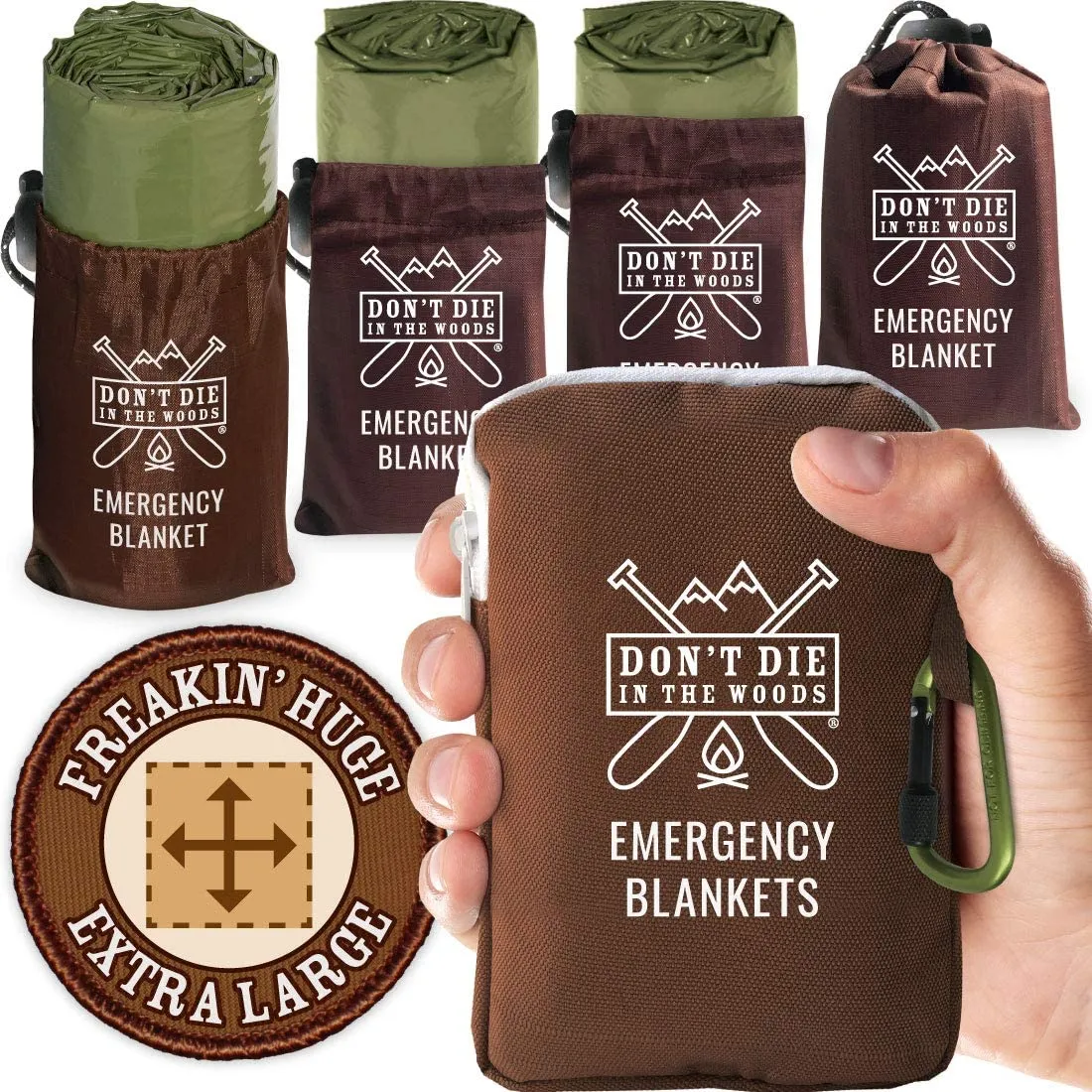 ITEM# 0104   Freakin’ Huge Emergency Blankets [4-Pack] Extra-Large Thermal Mylar Space Blankets with Ripstop Nylon Stuff Sacks   Carabiner Zipper Pack (Watch Video)