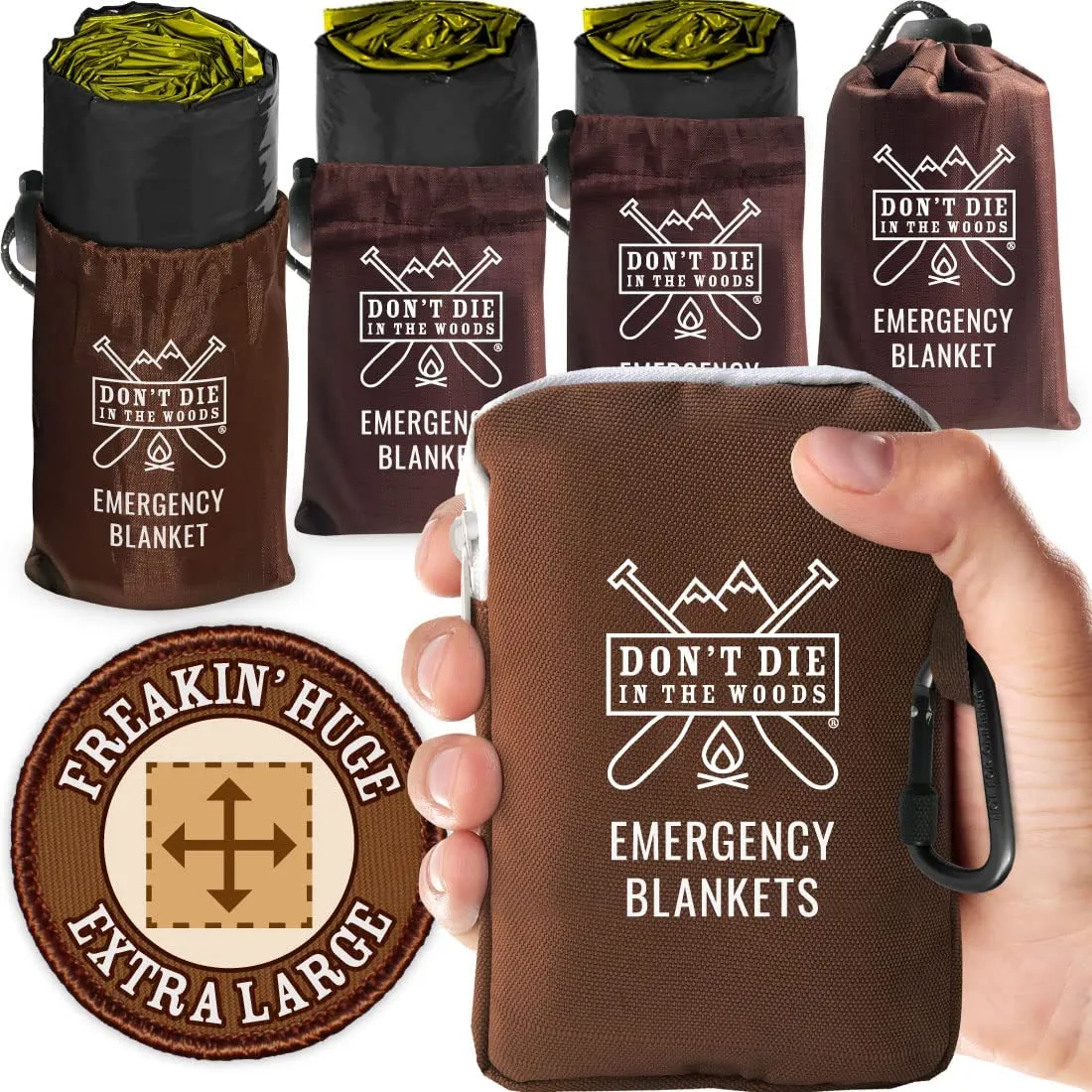 ITEM# 0104   Freakin’ Huge Emergency Blankets [4-Pack] Extra-Large Thermal Mylar Space Blankets with Ripstop Nylon Stuff Sacks   Carabiner Zipper Pack (Watch Video)