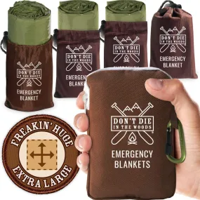 ITEM# 0104   Freakin’ Huge Emergency Blankets [4-Pack] Extra-Large Thermal Mylar Space Blankets with Ripstop Nylon Stuff Sacks   Carabiner Zipper Pack (Watch Video)