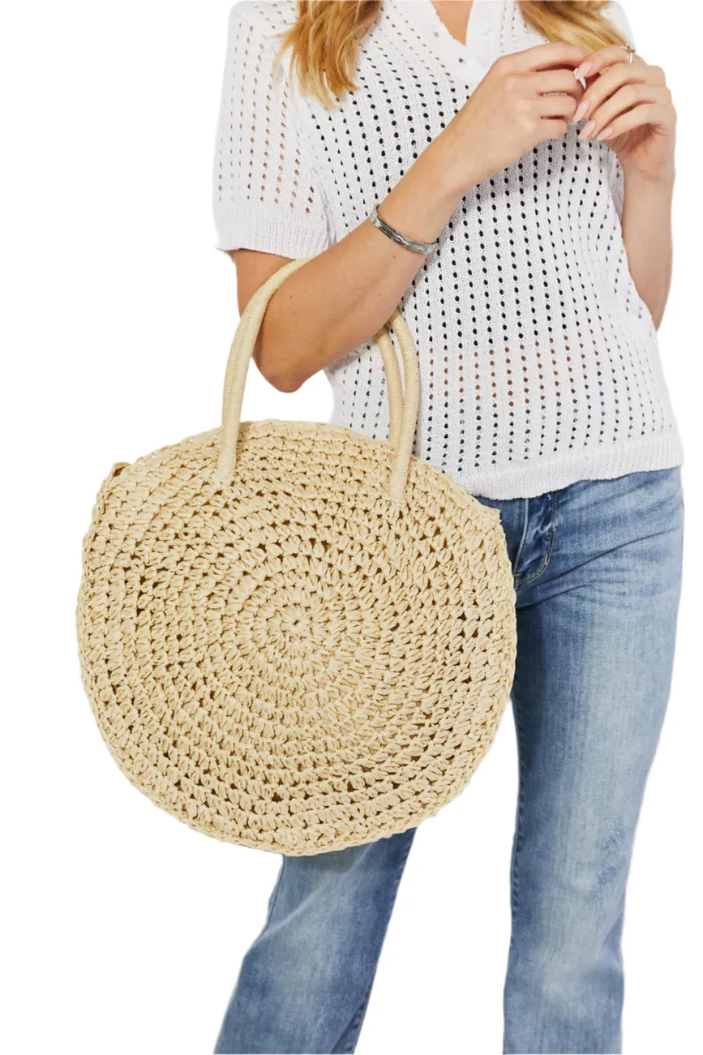 Justin Taylor Beach Date Straw Rattan Handbag in Ivory