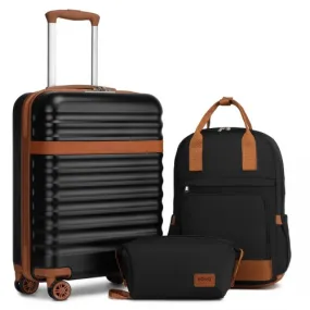 Kono 20 Inch Stylish Hard Shell Cabin Suitcase Set with Multi-Compartment Backpack and Small Pouch - Black & Brown 3 Piece Travel Set