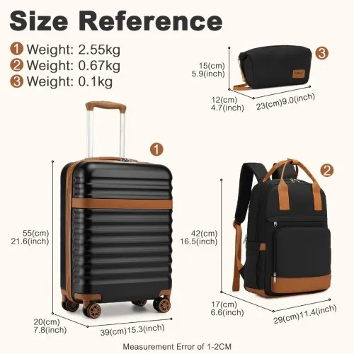 Kono 20 Inch Stylish Hard Shell Cabin Suitcase Set with Multi-Compartment Backpack and Small Pouch - Black & Brown 3 Piece Travel Set