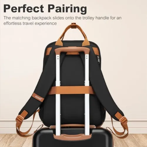 Kono 20 Inch Stylish Hard Shell Cabin Suitcase Set with Multi-Compartment Backpack and Small Pouch - Black & Brown 3 Piece Travel Set