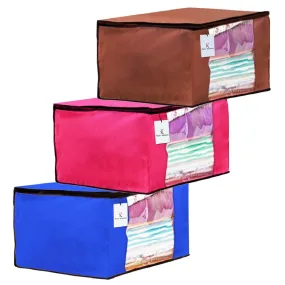 Kuber Industries 3 Piece Non Woven Fabric Transparent Window Saree Cover Set(Brown, Pink and Royal Blue)