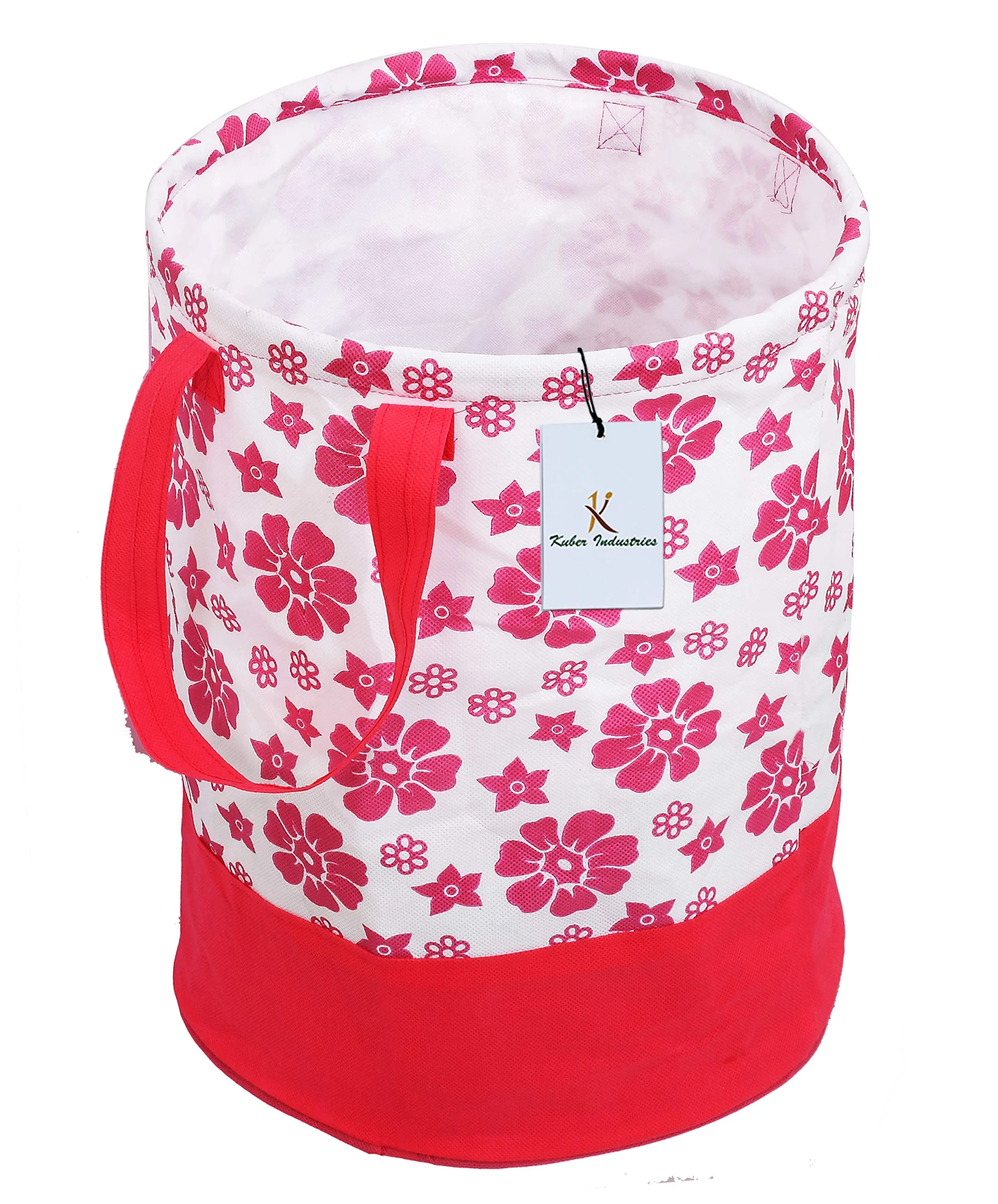 Kuber Industries Flower Printed Waterproof Canvas Laundry Bag|Toy Storage|Laundry Basket Organizer 45 L (Pink)