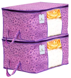 Kuber Industries Metallic Flower Design Non Woven Underbed Storage Bag, Organiser, Blanket Cover (Pink and Purple, Standard, CTKTC034563) 2 Pieces