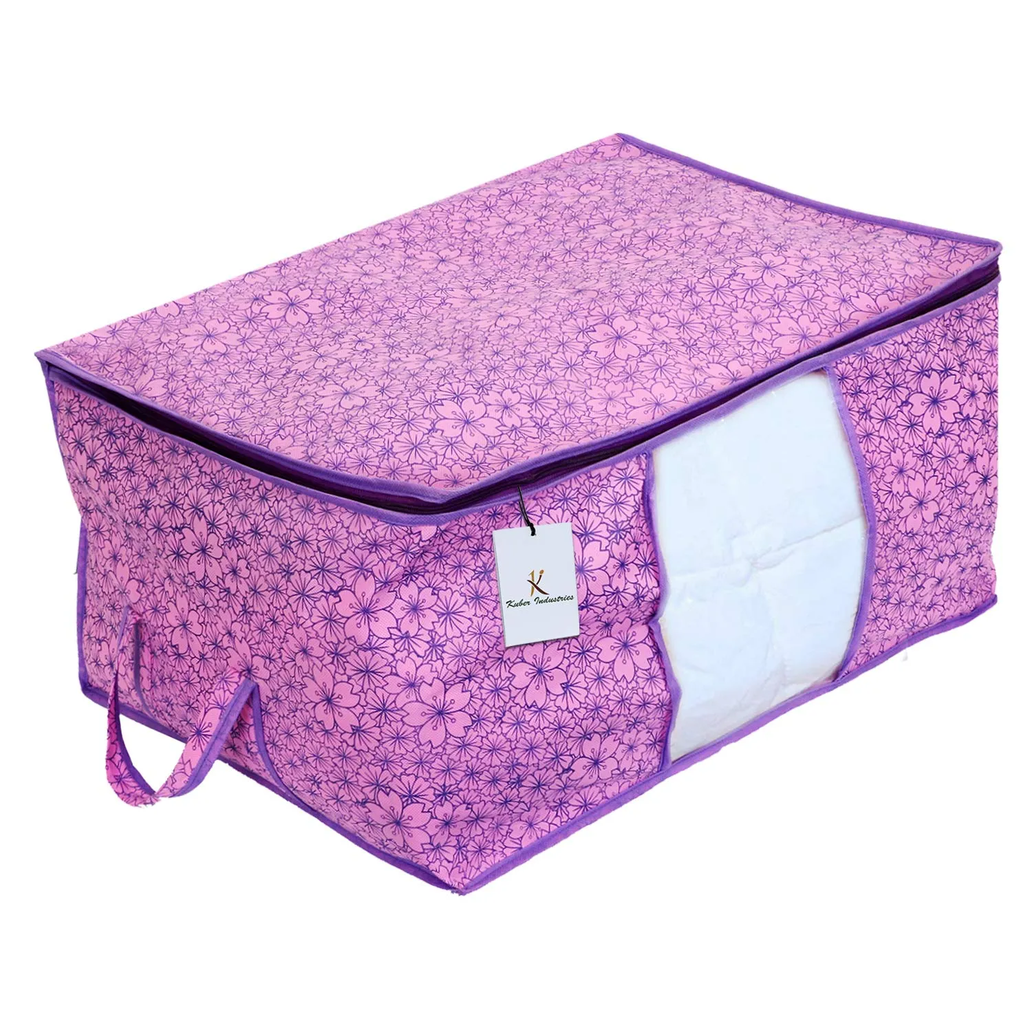 Kuber Industries Metallic Flower Design Non Woven Underbed Storage Bag, Organiser, Blanket Cover (Pink and Purple, Standard, CTKTC034563) 2 Pieces