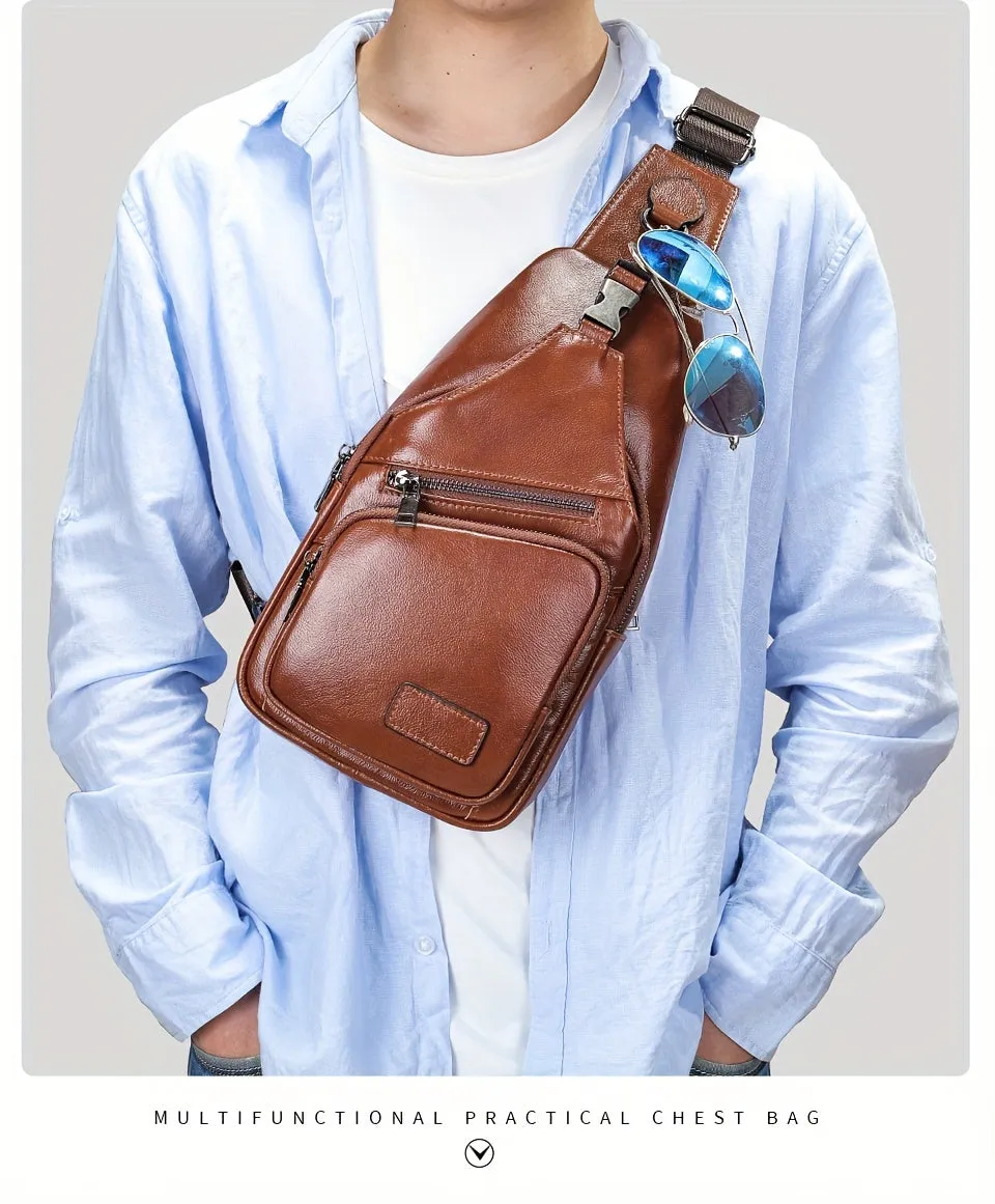 Men's Vintage Genuine Leather Shoulder Bag, First Layer Cowhide Crossbody Bag Chest Bag