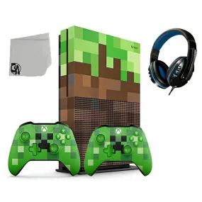 Microsoft 23C-00001 Xbox One S Minecraft Limited Edition 1TB Gaming Console 2 Controller Included BOLT AXTION Bundle Like New