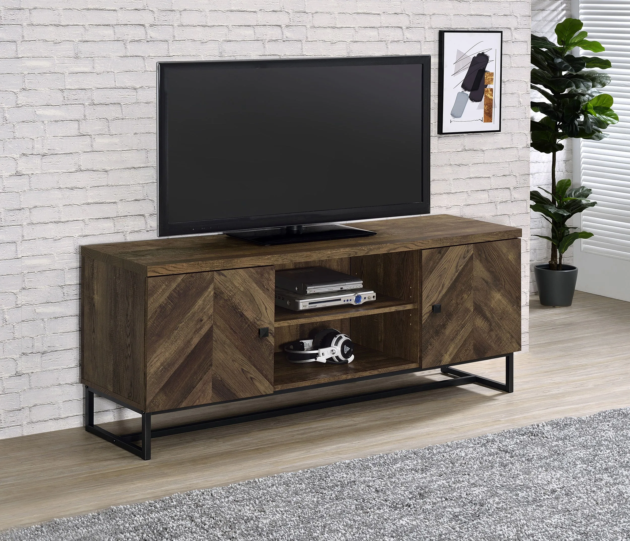 Myles 2-door TV Console with Adjustable Shelves Rustic Oak Herringbone