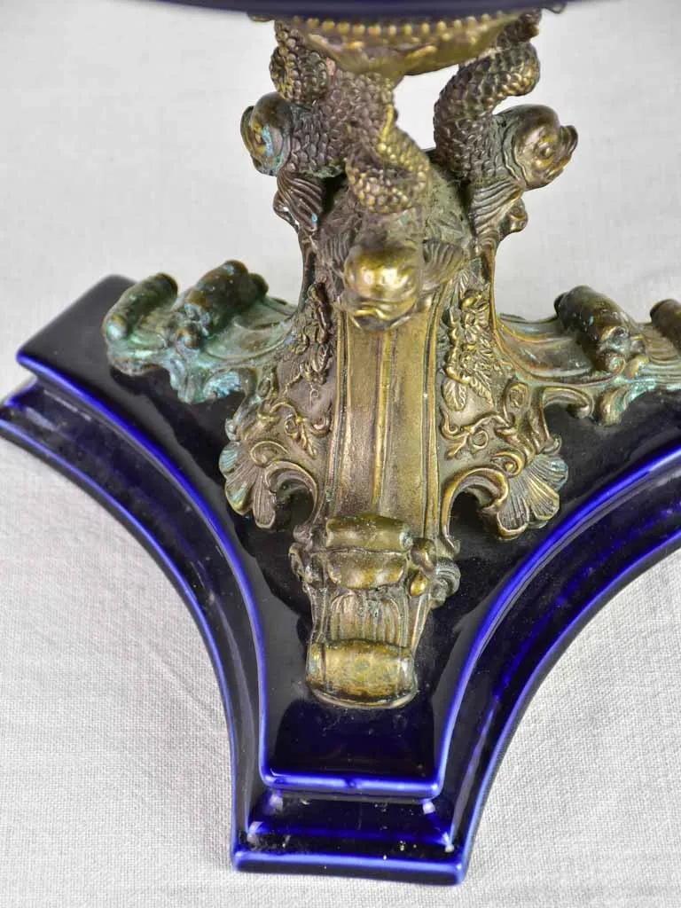 Napoleon III bronze and blue faience table centerpiece