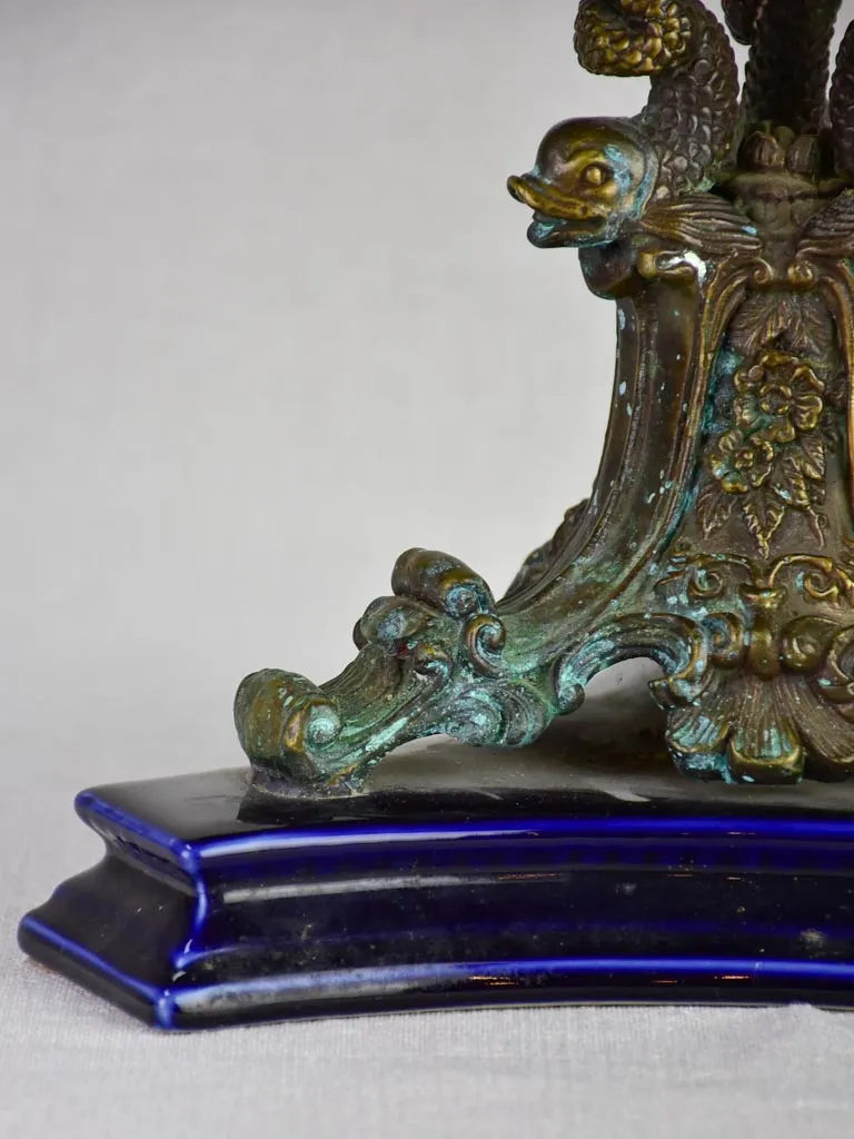 Napoleon III bronze and blue faience table centerpiece