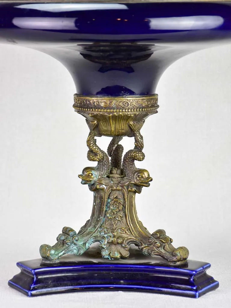 Napoleon III bronze and blue faience table centerpiece