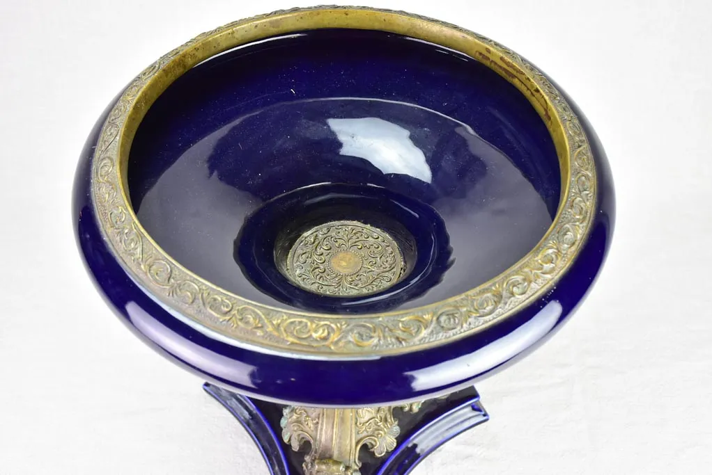 Napoleon III bronze and blue faience table centerpiece