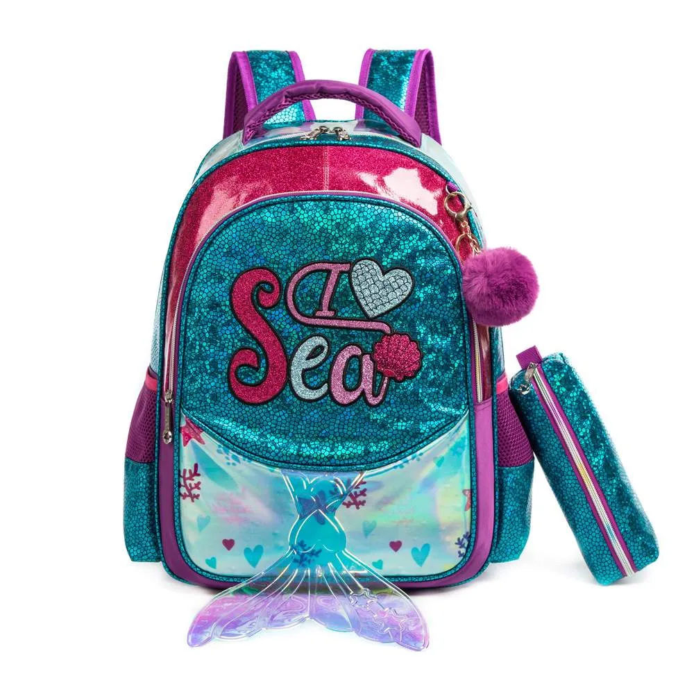 (NET) Eazy Kids-17inch School Bag Lunch Bag Pencil Case Set Of 3 Mermaid Sea - Green / 11505-3