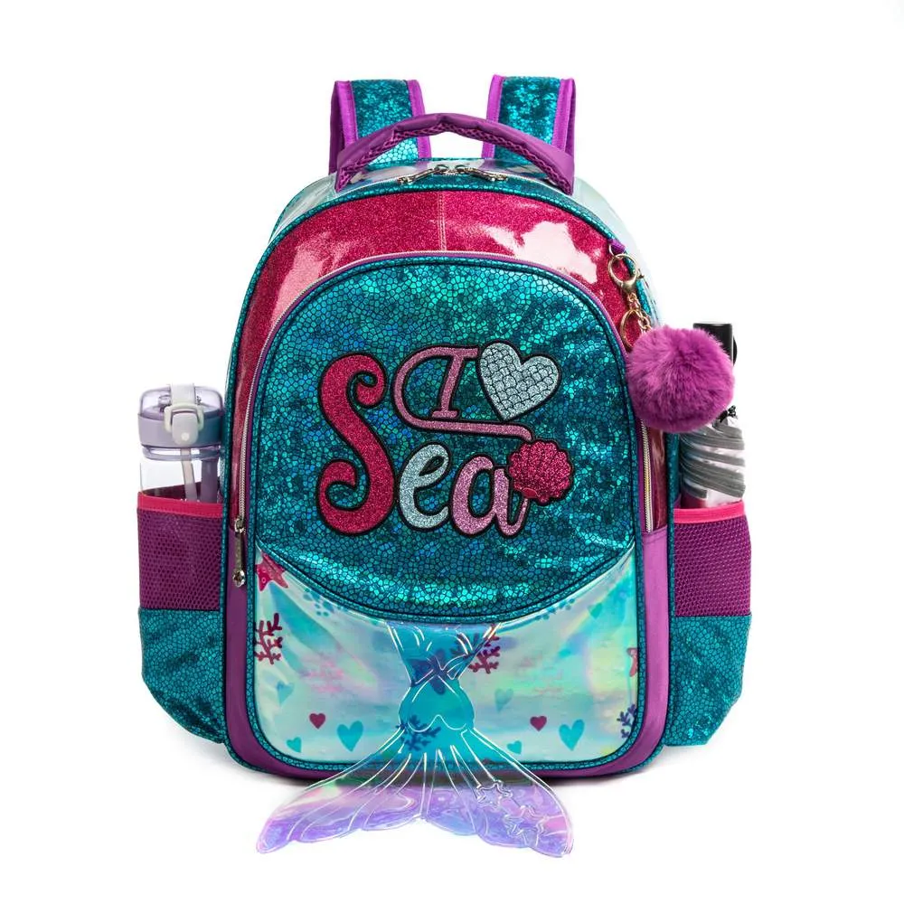 (NET) Eazy Kids-17inch School Bag Lunch Bag Pencil Case Set Of 3 Mermaid Sea - Green / 11505-3