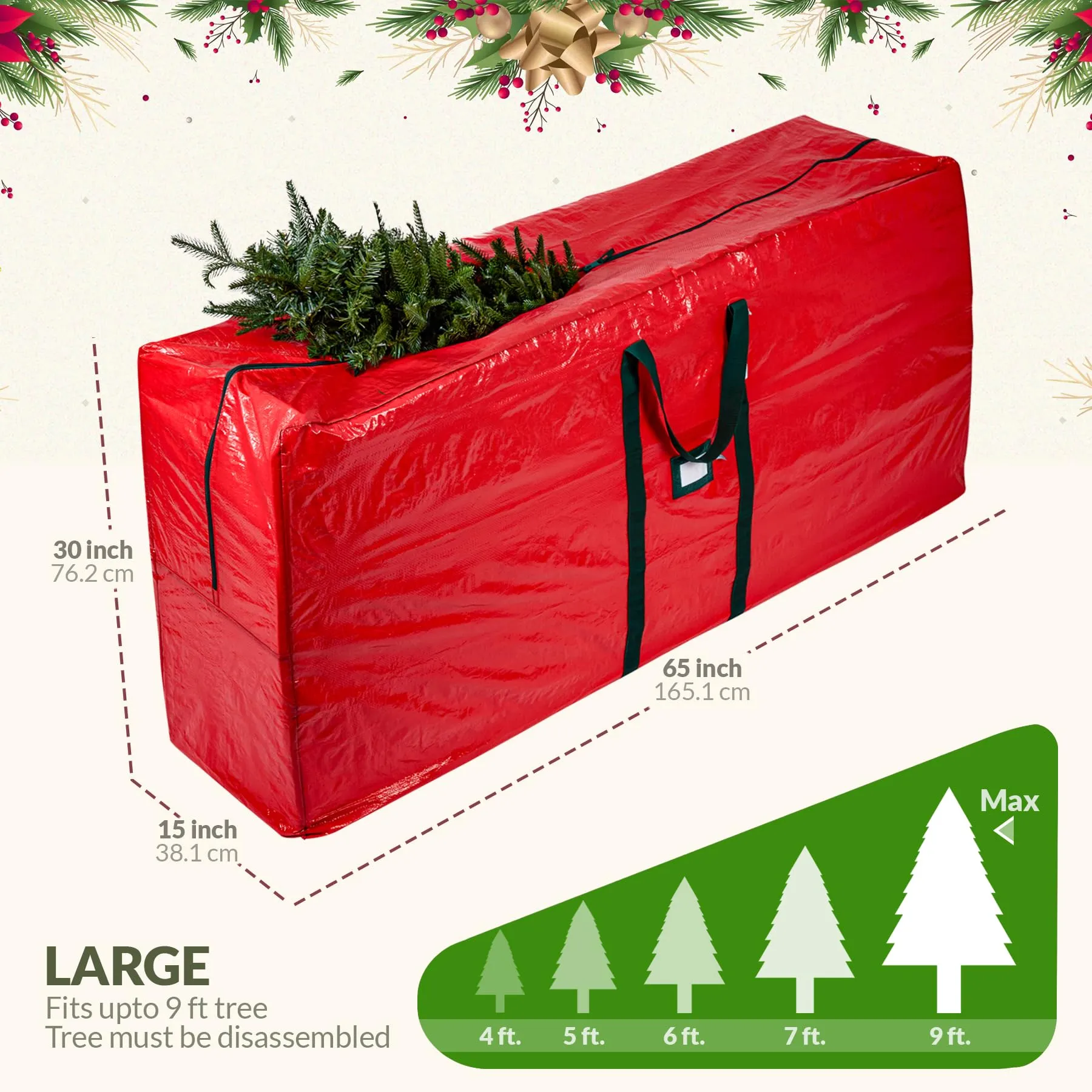 (Not Made In China) Christmas Tree Storage Bag For 9 Foot Artificial Xmas Holiday Tree, Durable Waterproof Material, Zippered Bag, Carry Handles. Protects Against Dust, Insects and Moisture