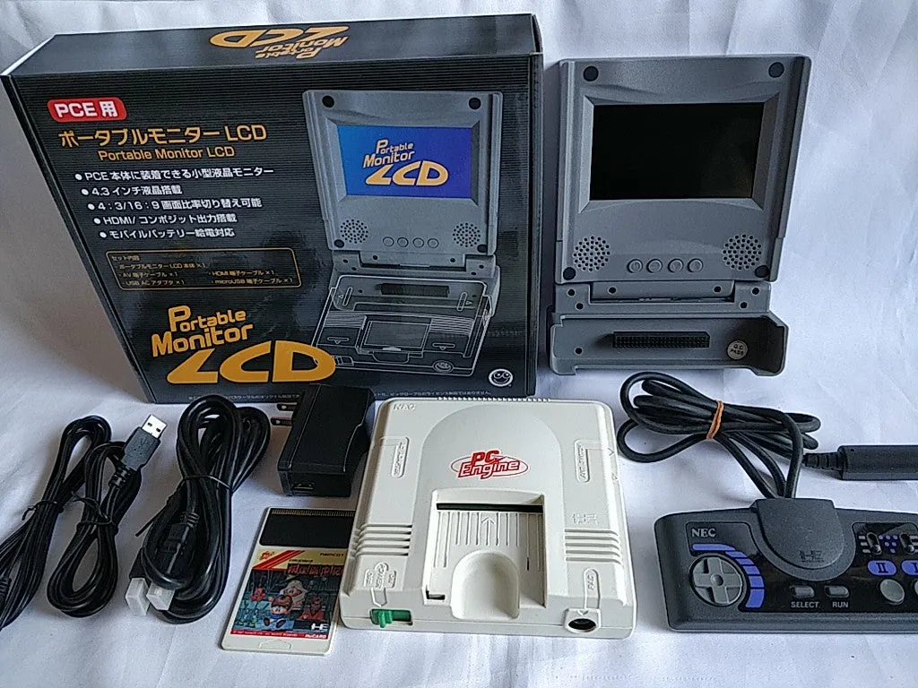 PC Engine Portable Monitor LCD and PC Engine white Console,Pad,Games set -c1104-