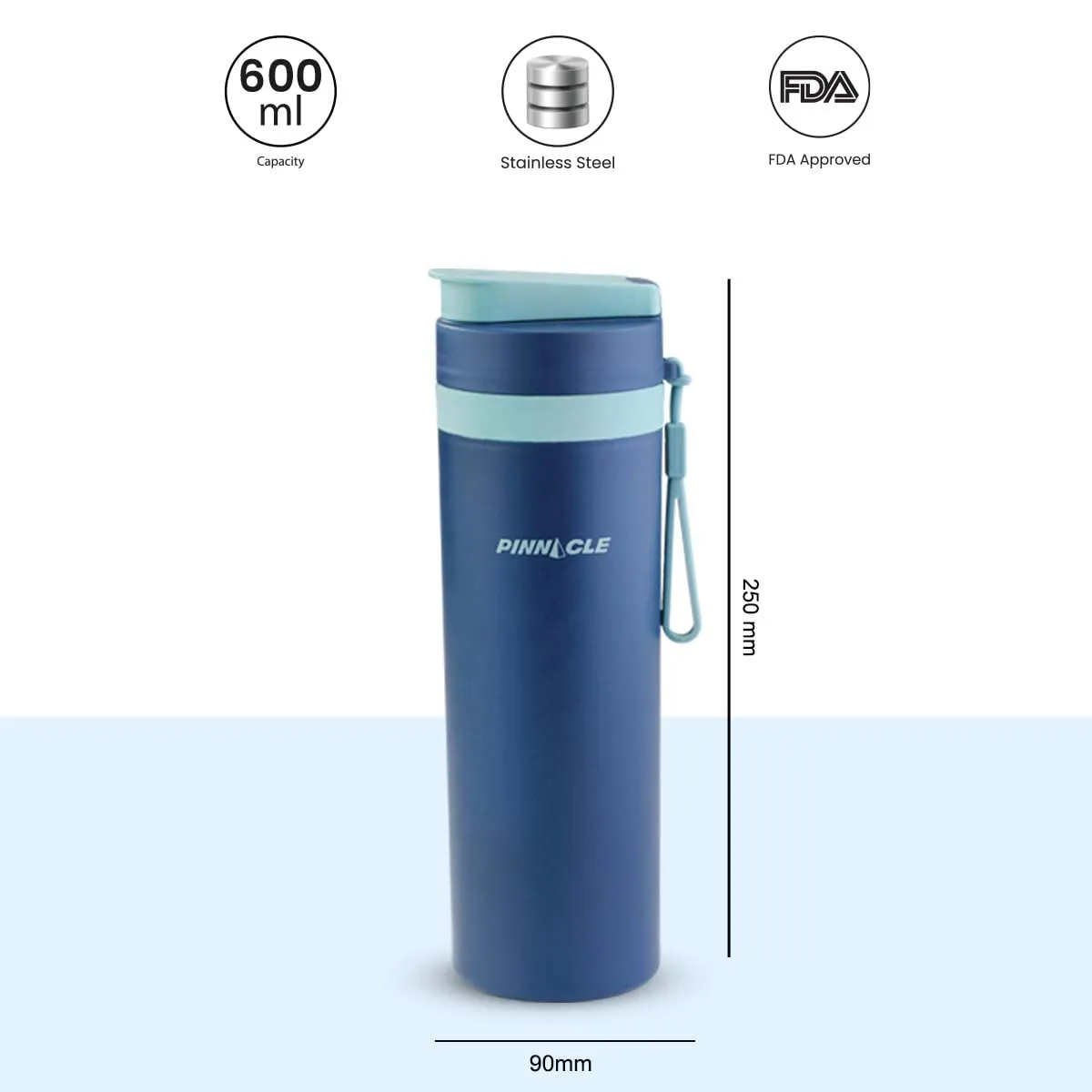 Pinnacle Pixel Thermosteel Bottle | Stainless Steel Water Bottle for Kids, Girls & Adults | Leak Proof | 6hrs Cooling | Thermos Flask | 600ml(Pack of 1, Blue)