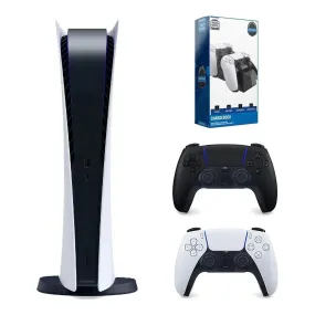 Play Station 5 Digital Edition Console with Extra Black Controller and Surge Dual Controller Charge Dock Bundle