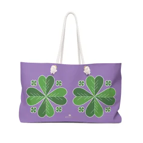 Purple Green Clover Leaf Tote, St. Patrick's Day Irish Print 24"x13"Weekender Bag- Made in USA