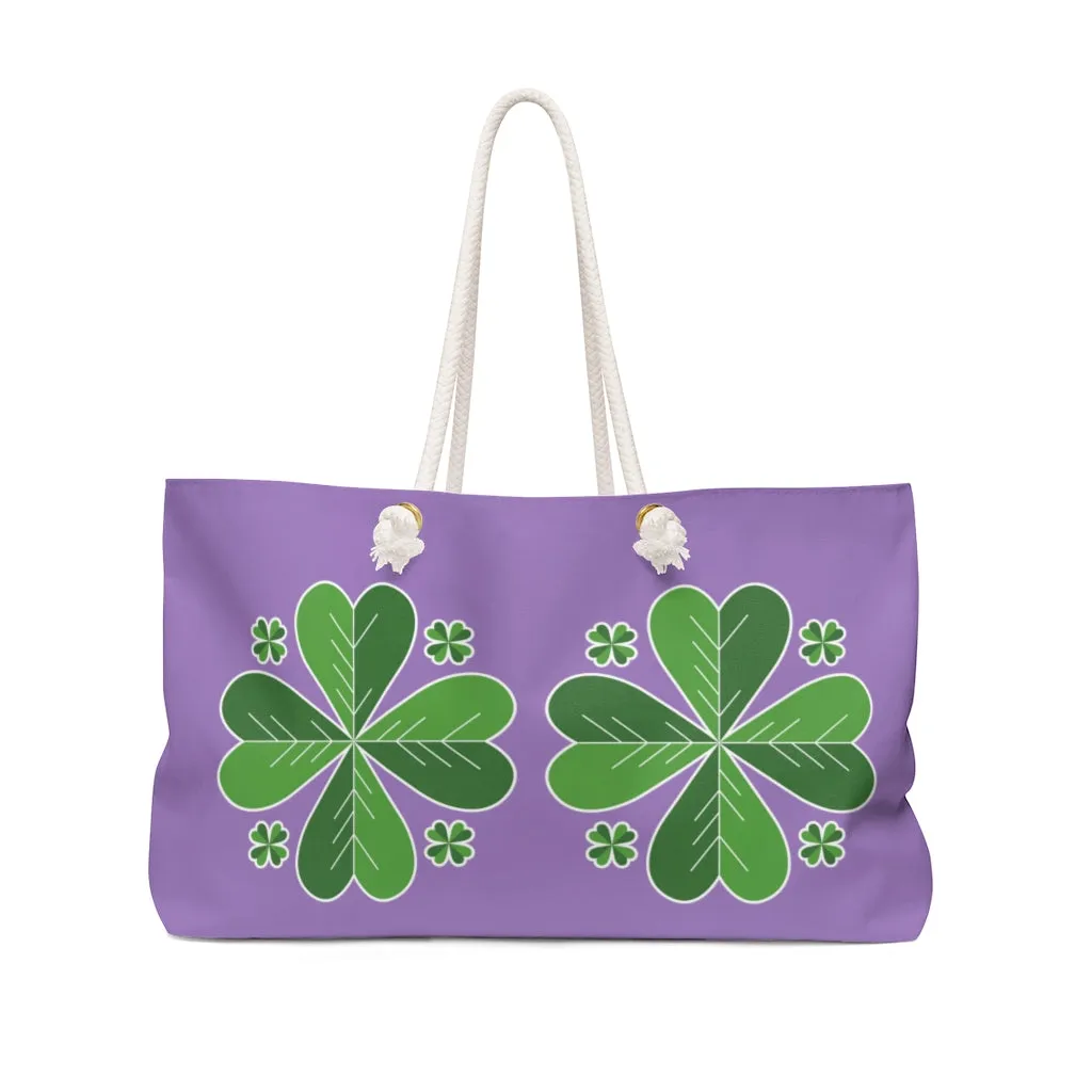 Purple Green Clover Leaf Tote, St. Patrick's Day Irish Print 24"x13"Weekender Bag- Made in USA