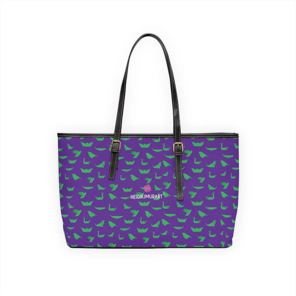 Purple Green Crane Tote Bag, Japanese Style Cranes Best PU Leather Shoulder Hand Work Bag For Women