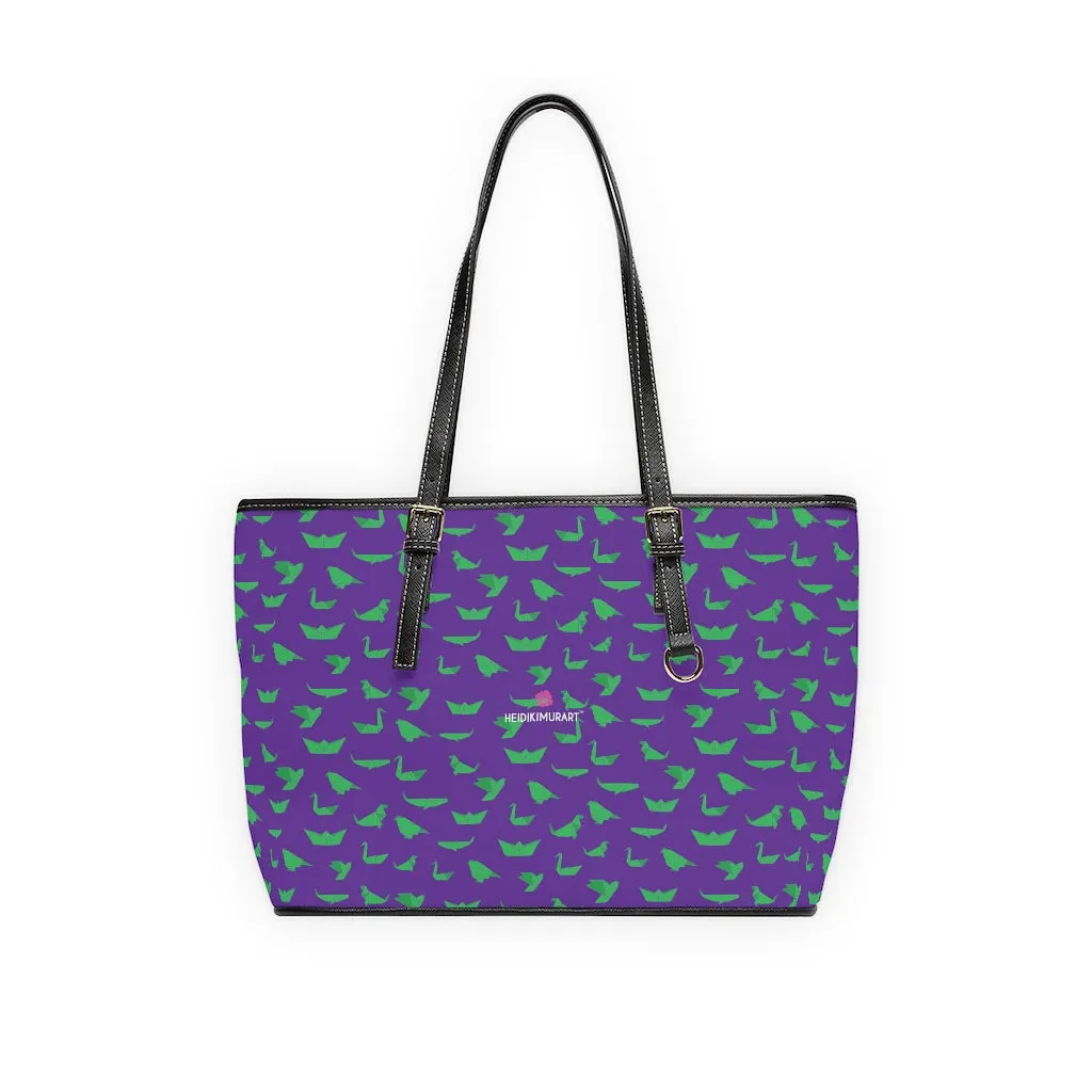 Purple Green Crane Tote Bag, Japanese Style Cranes Best PU Leather Shoulder Hand Work Bag For Women