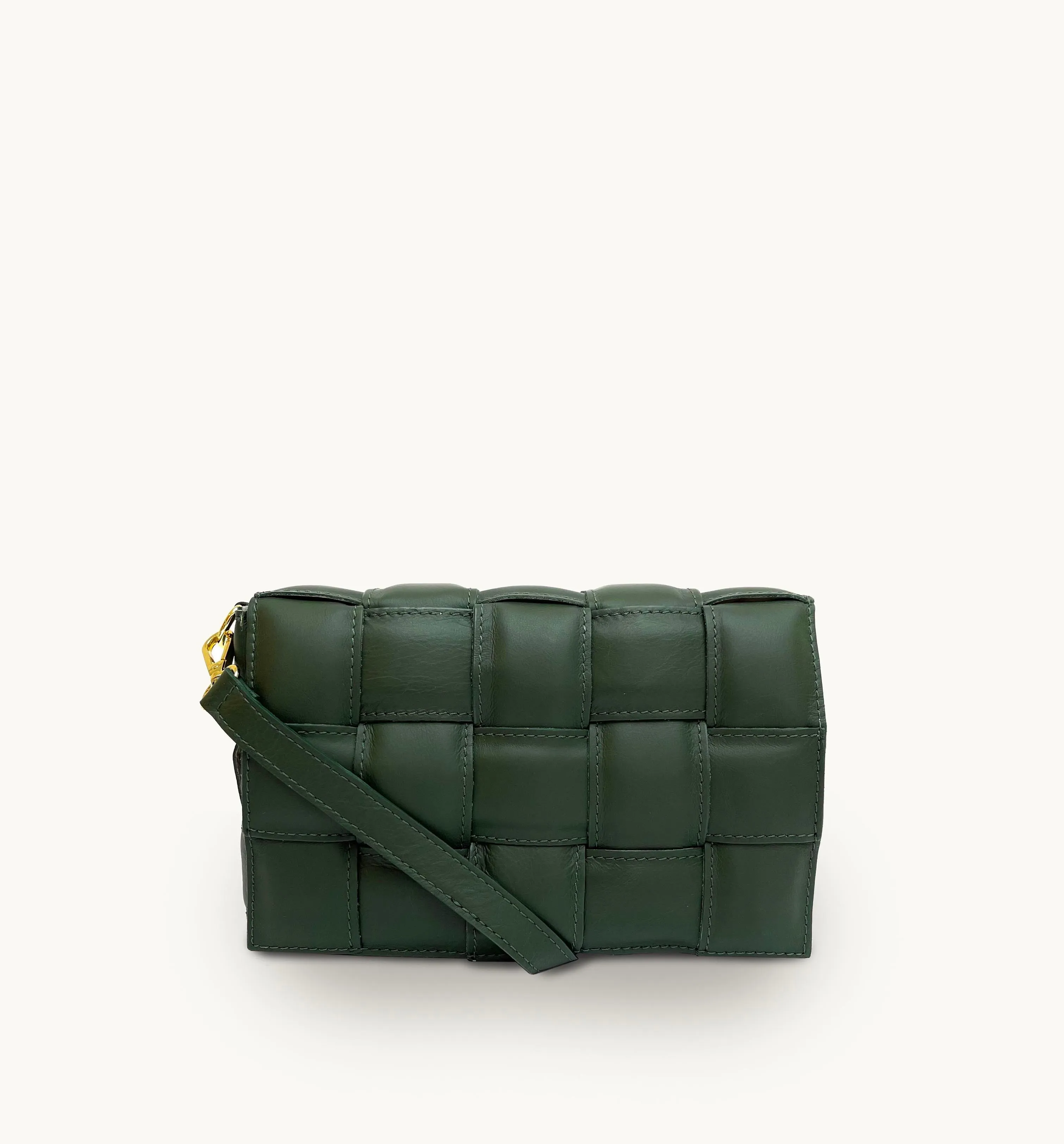 Racing Green Padded Woven Leather Crossbody Bag With Gold Chain Strap