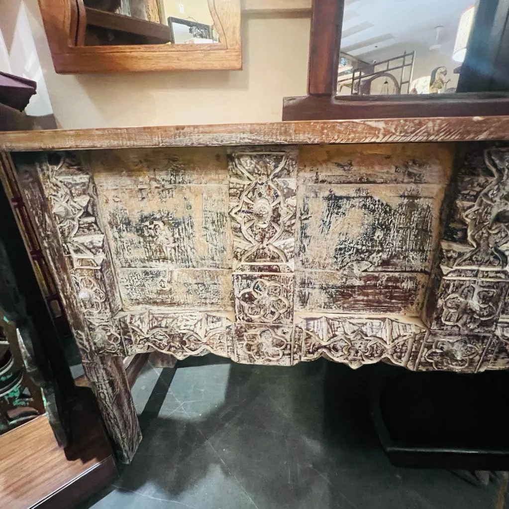 Rukhsar : Wooden Console with a Carved Front Panel in Cream and Brown