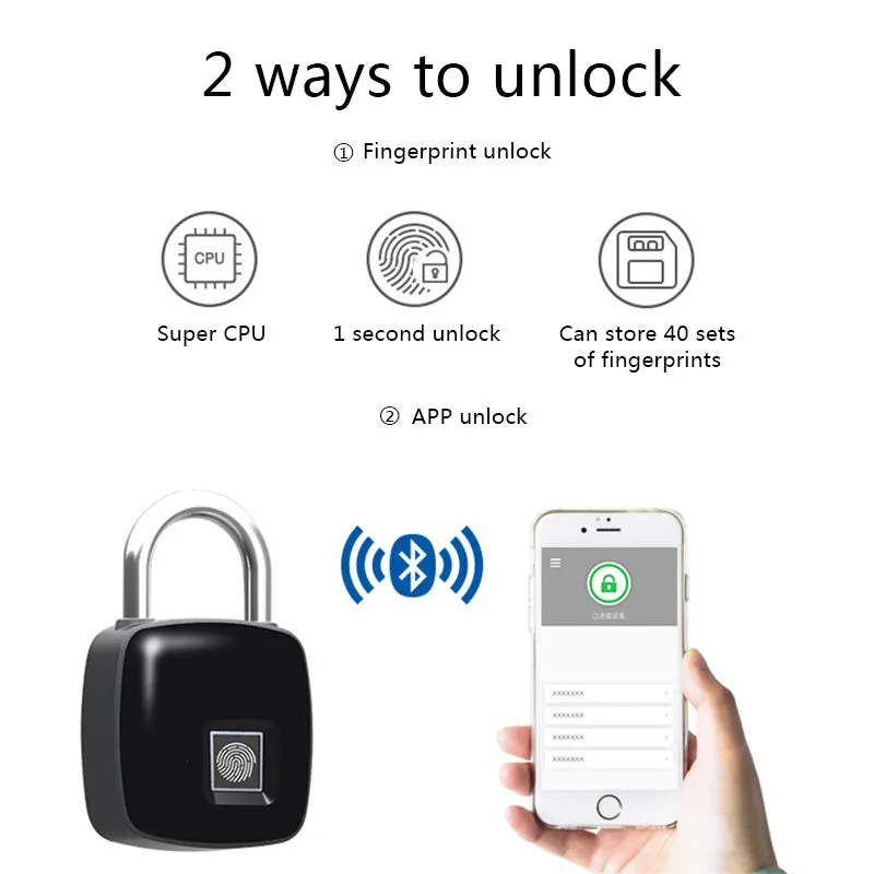 Smart Fingerprint Padlock Bluetooth Keyless Anti-Theft Fingerprint Lock for Suitcase Locker DC120