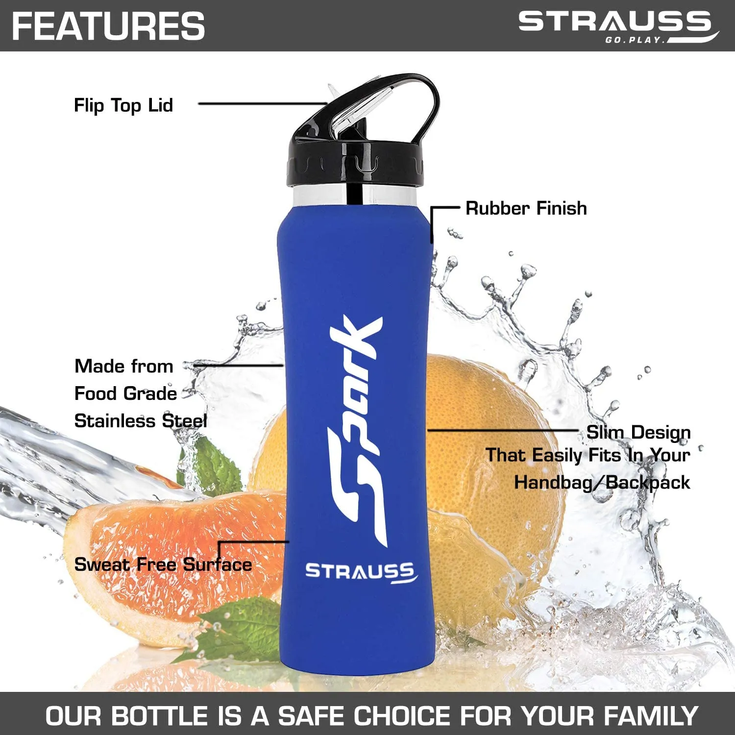 STRAUSS Spark Stainless-Steel Bottle, Rubber Finish, 750 ml, (Blue), (Pack of 2)