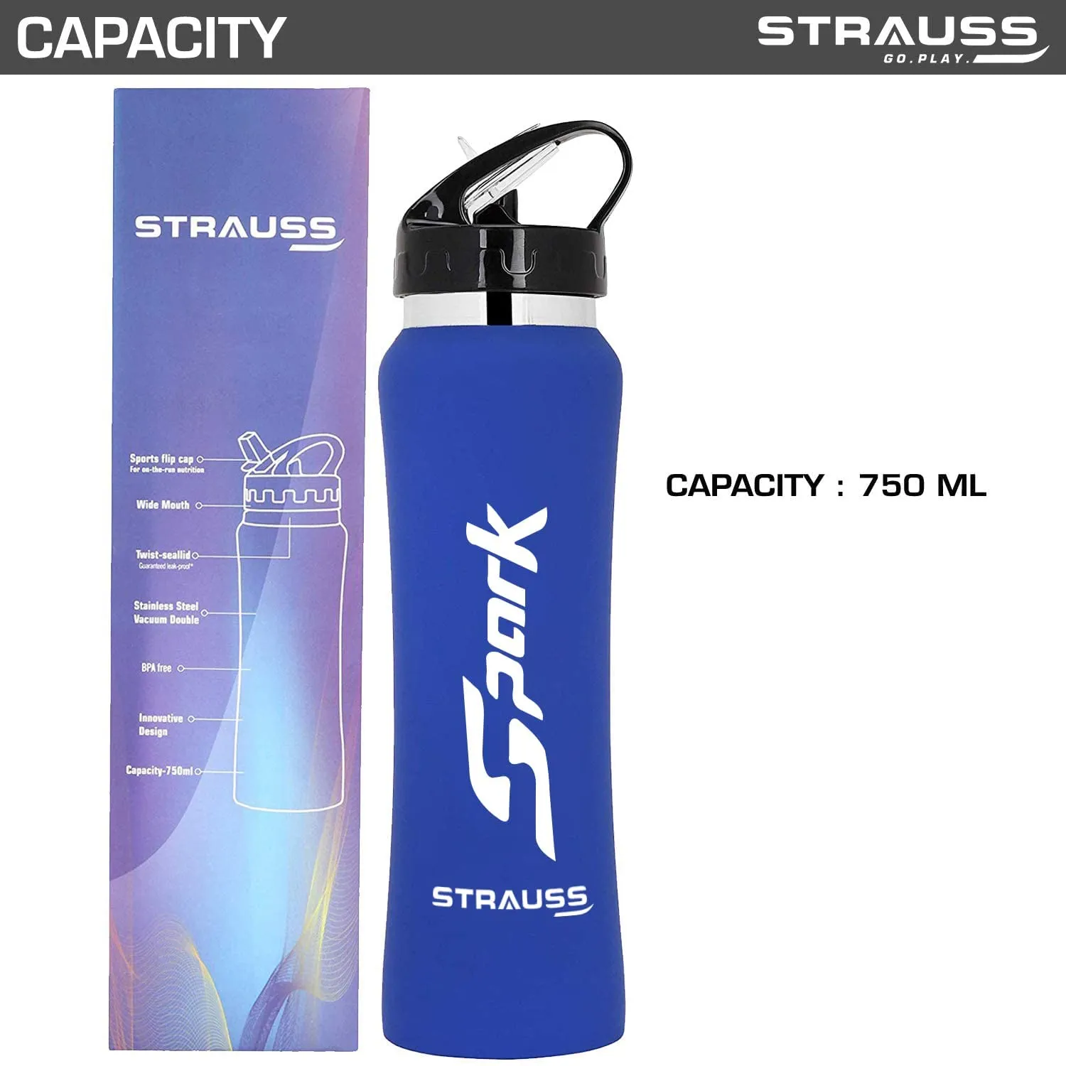 STRAUSS Spark Stainless-Steel Bottle, Rubber Finish, 750 ml, (Blue), (Pack of 2)