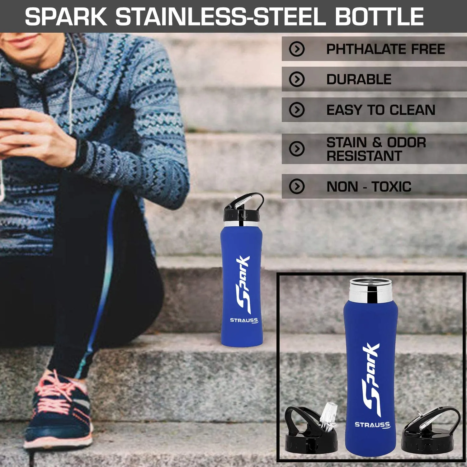 STRAUSS Spark Stainless-Steel Bottle, Rubber Finish, 750 ml, (Blue), (Pack of 2)