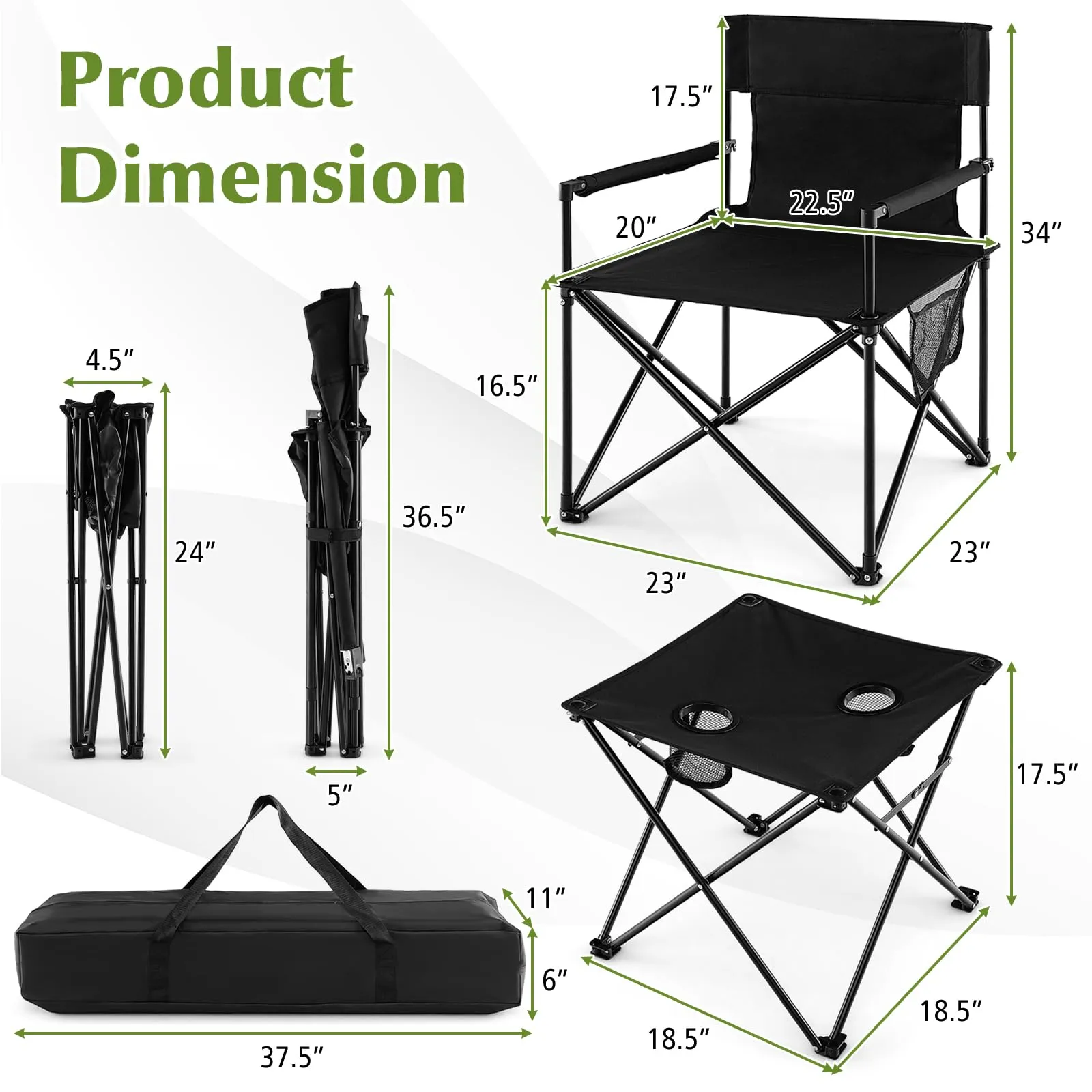 Tangkula 3 Piece Camping Chairs with Table, Portable Folding Lawn Chair with Side Table, Carrying Bag