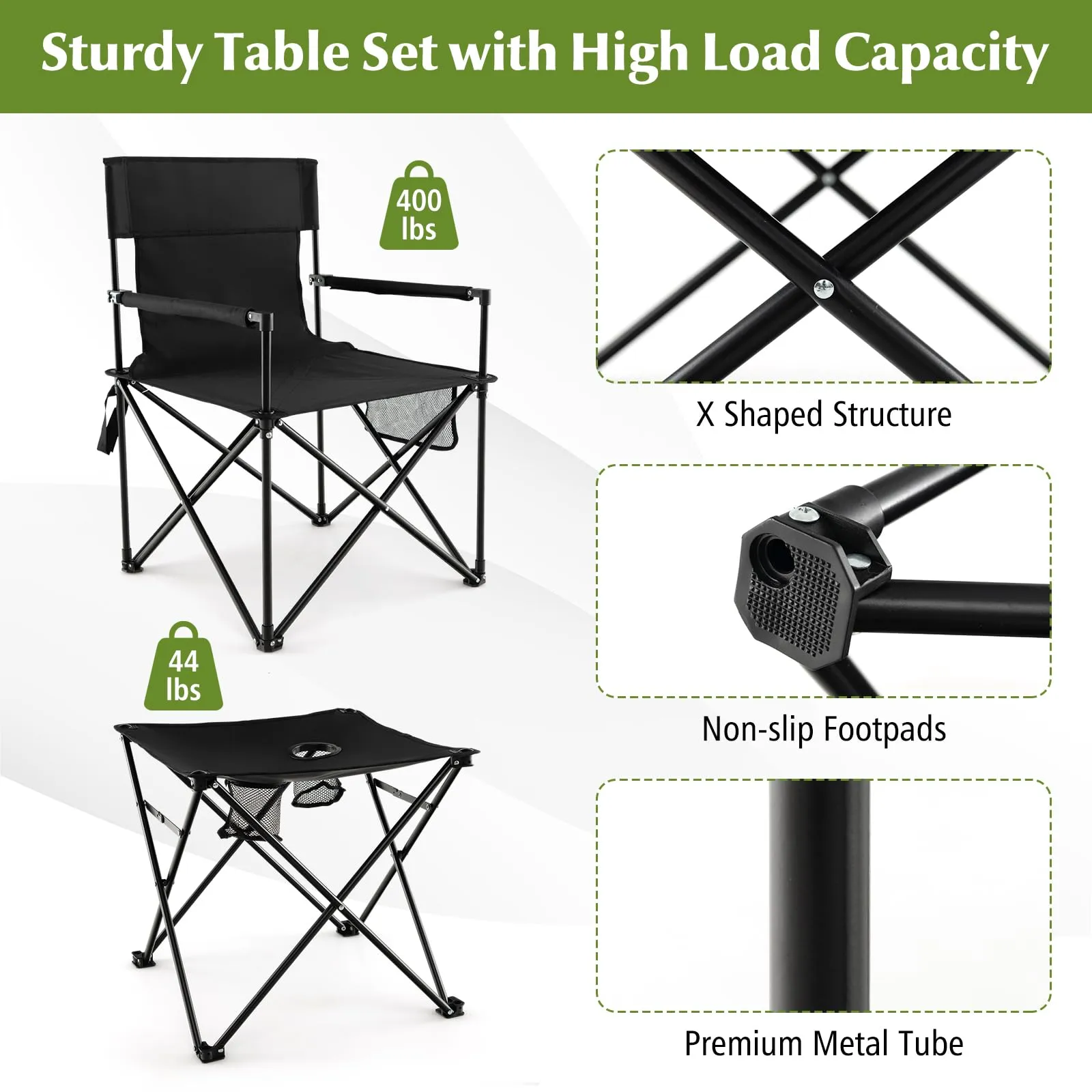 Tangkula 3 Piece Camping Chairs with Table, Portable Folding Lawn Chair with Side Table, Carrying Bag