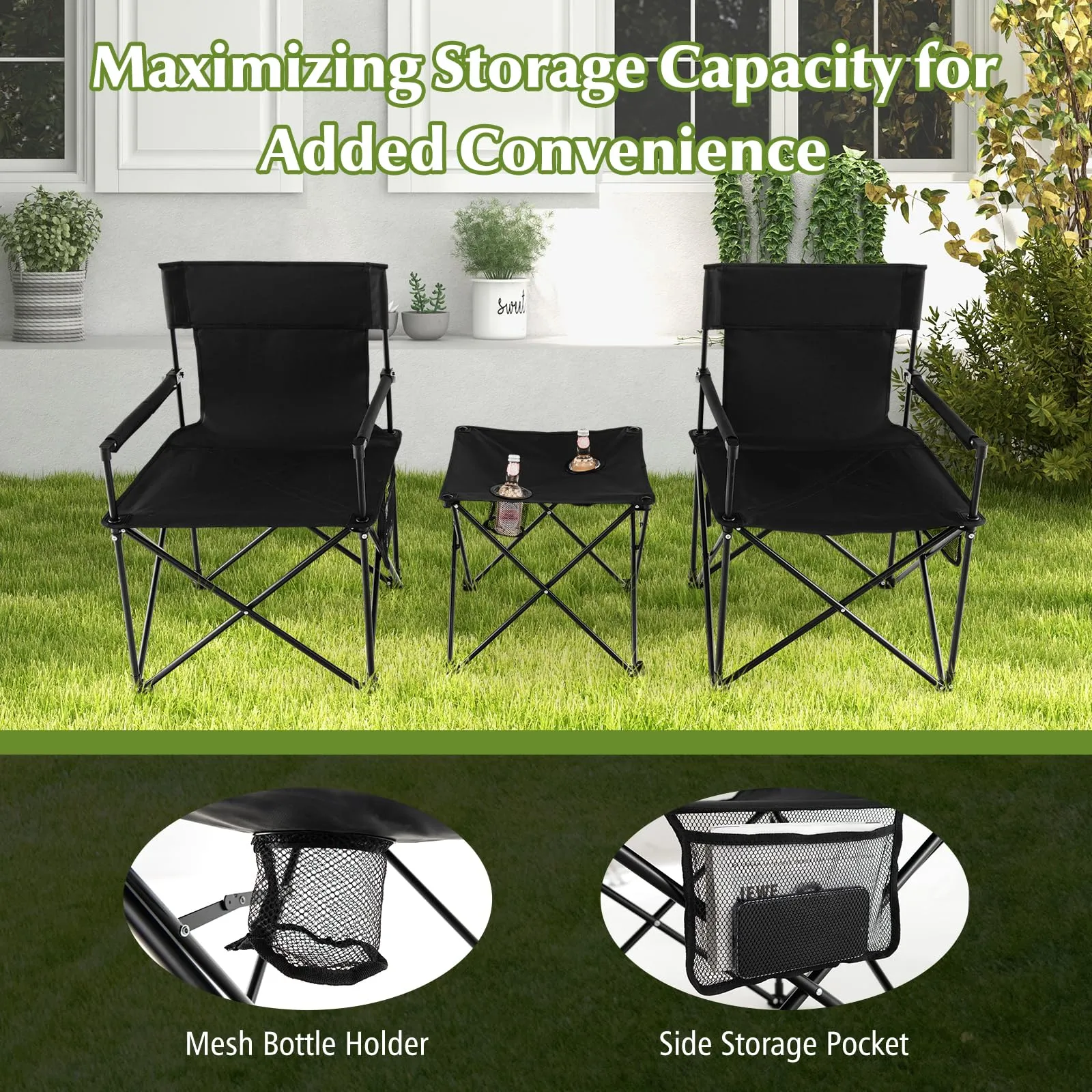 Tangkula 3 Piece Camping Chairs with Table, Portable Folding Lawn Chair with Side Table, Carrying Bag