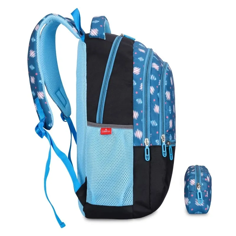 THE CLOWNFISH Edutrek Series Printed Polyester 36 L School Backpack with Pencil/Stationery Pouch School Bag Zip Pocket Daypack Picnic Bag For School Going Boys & Girls Age-10  years (Cerulean Blue)