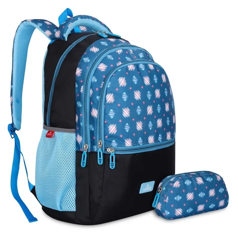 THE CLOWNFISH Edutrek Series Printed Polyester 36 L School Backpack with Pencil/Stationery Pouch School Bag Zip Pocket Daypack Picnic Bag For School Going Boys & Girls Age-10  years (Cerulean Blue)