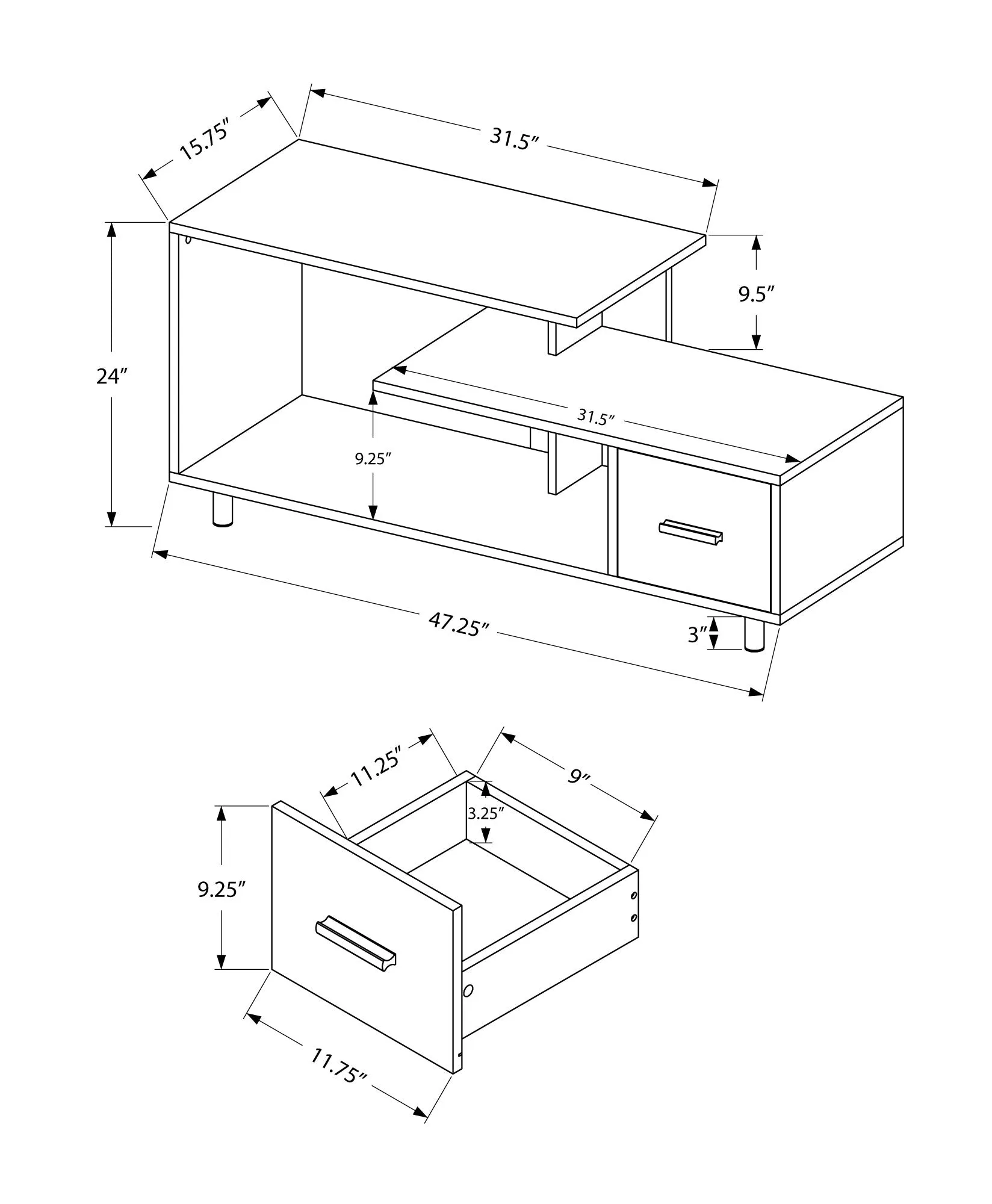 Tv Stand - 48"L / Black / Black Marble Top / 1 Drawer