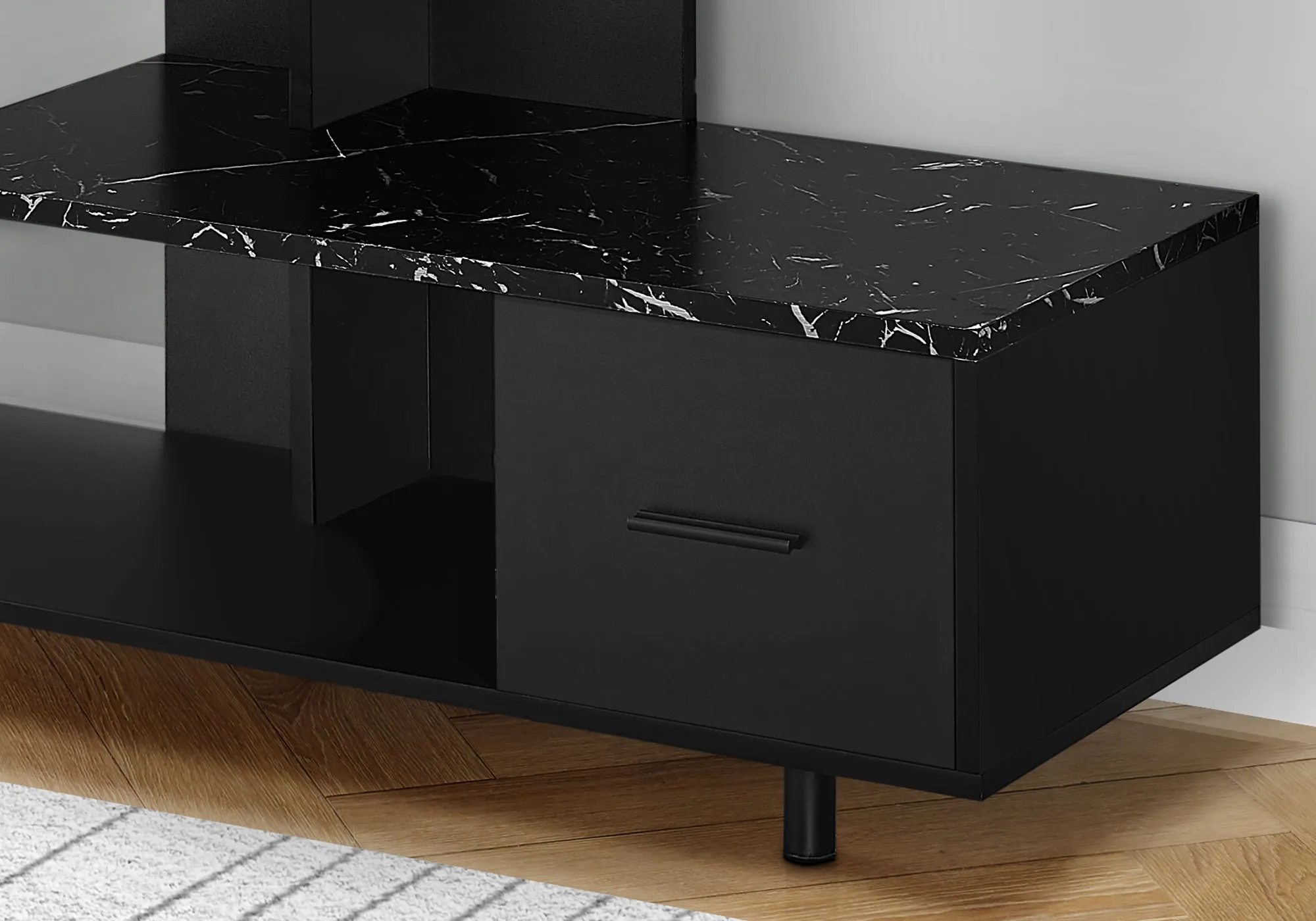 Tv Stand - 48"L / Black / Black Marble Top / 1 Drawer