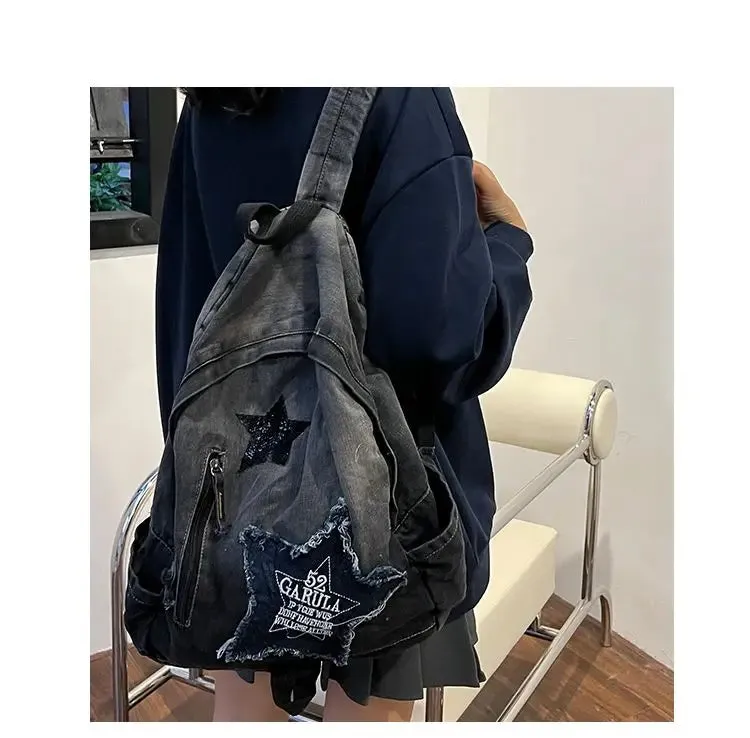 Uniwim Vintage Grunge Denim Backpacks Women Patchwork Large Capacity Y2k Mochila School Bag Ladies Harajuku Backpack Aesthetic