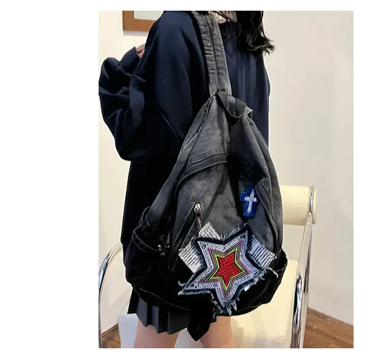 Uniwim Vintage Grunge Denim Backpacks Women Patchwork Large Capacity Y2k Mochila School Bag Ladies Harajuku Backpack Aesthetic