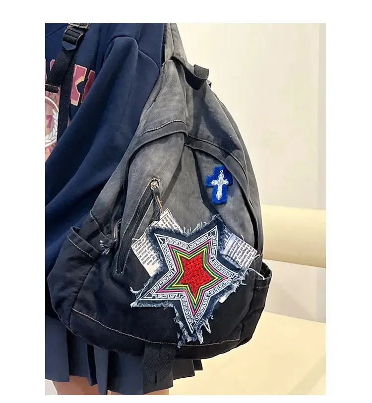 Uniwim Vintage Grunge Denim Backpacks Women Patchwork Large Capacity Y2k Mochila School Bag Ladies Harajuku Backpack Aesthetic