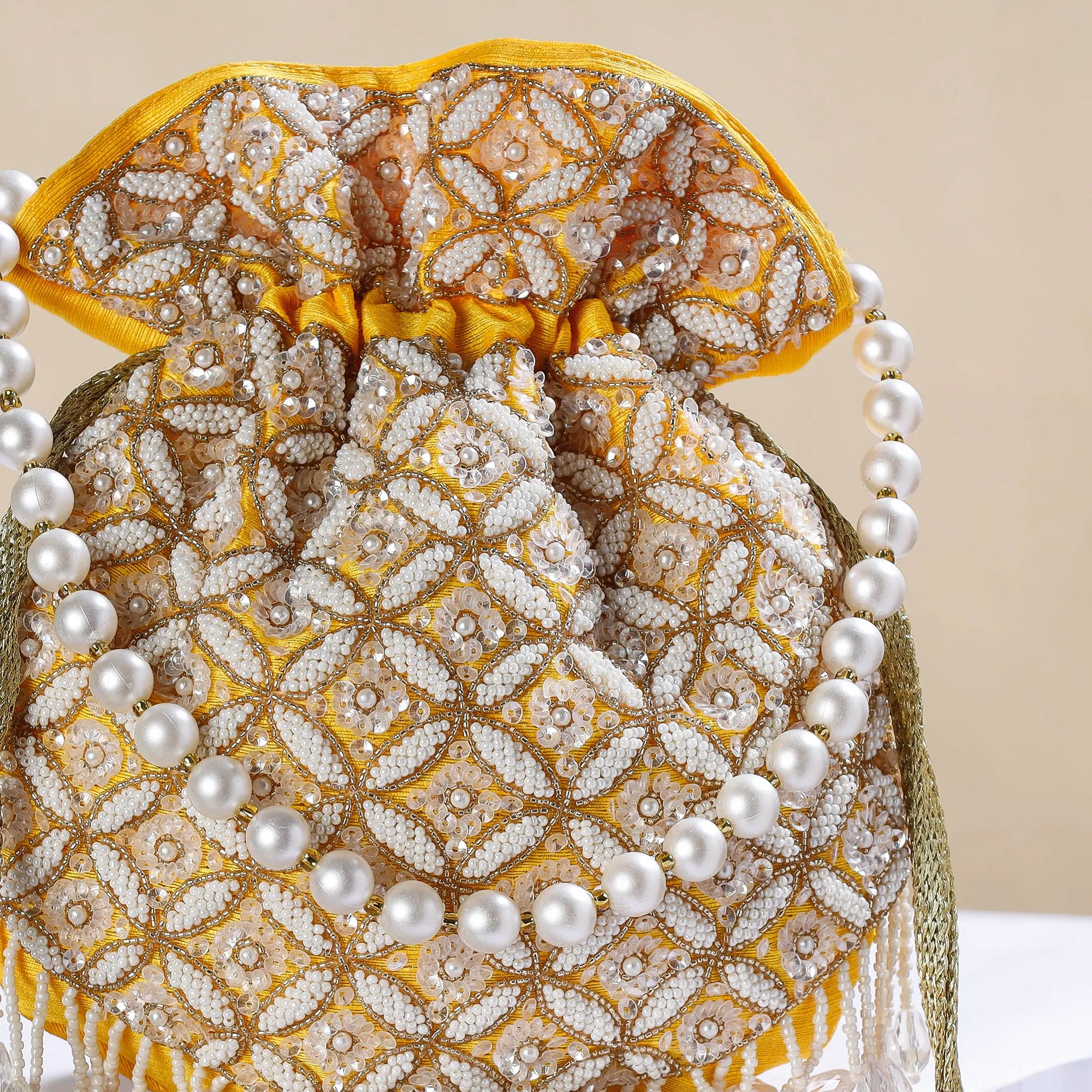 Yellow Hand Embroidery Beadwork Silk Potli Bag